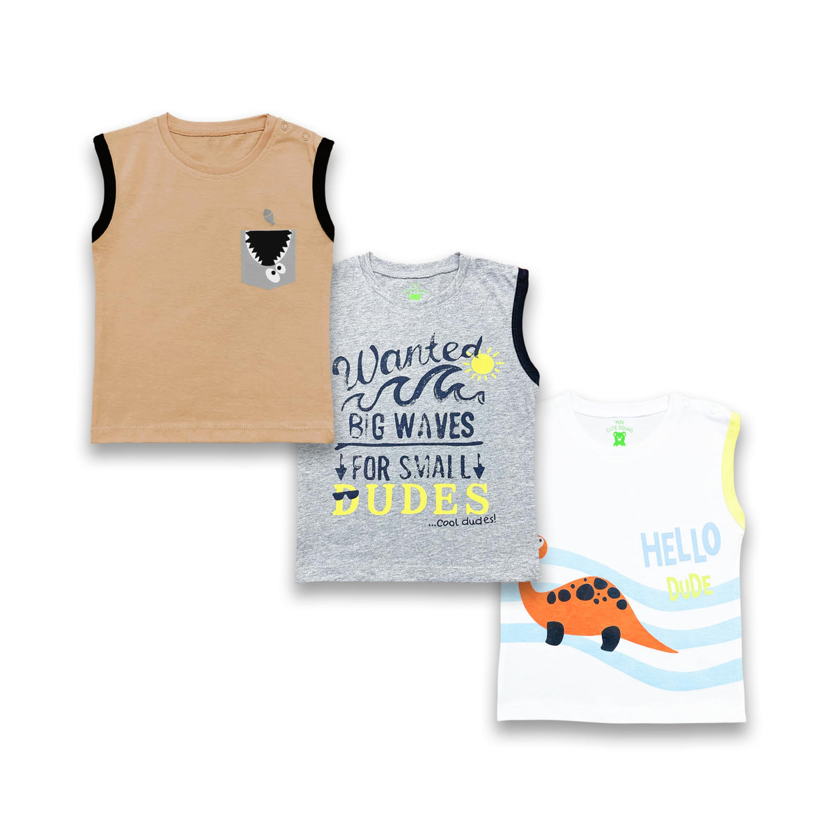 Baby Cotton Sleeveless TShirts, Dinosaur And Surf Print, Pack Of 9, MultiColour (In, Age, 0 Months, 6 Months, Regular, C003)