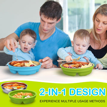 Nuogo 2 Pcs Stainless Steel Baby Suction Plates With Removable Silicone Shell 2-In-1 Metal Toddler Bowl Divided For Picky Eaters