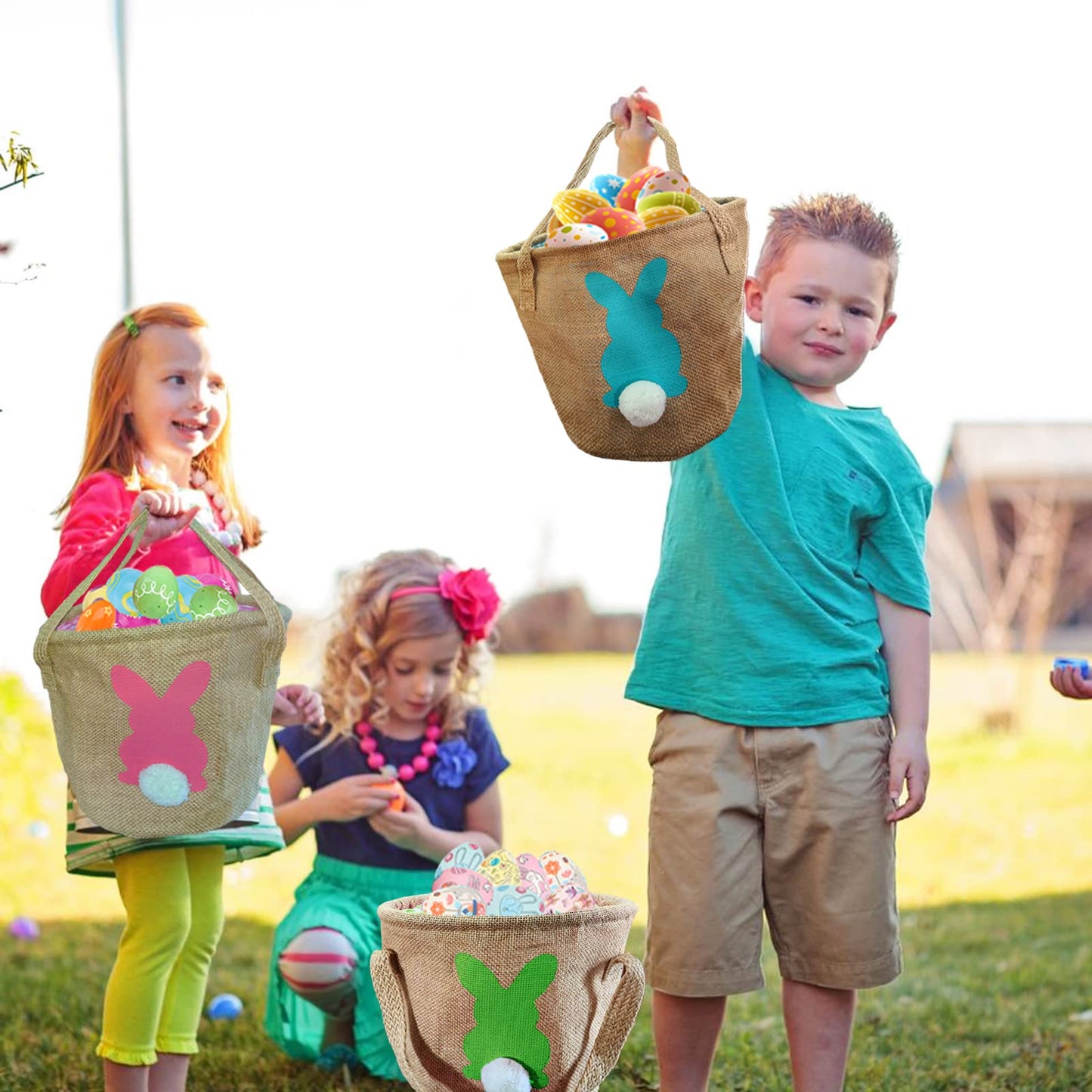 3Pcs Easter Bunny Basket - Burlap Carrying With Two Handles Gift And Eggs Hunt Bag, Fluffy Tails Printed Rabbit Toys Bucket Tote