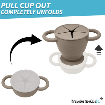 Bravejusticekidsco | Snack Attack Ii Snack Cup | Collapsible Silicone Snack Container | Toddler And Baby Snack Catcher Lid (Fog)