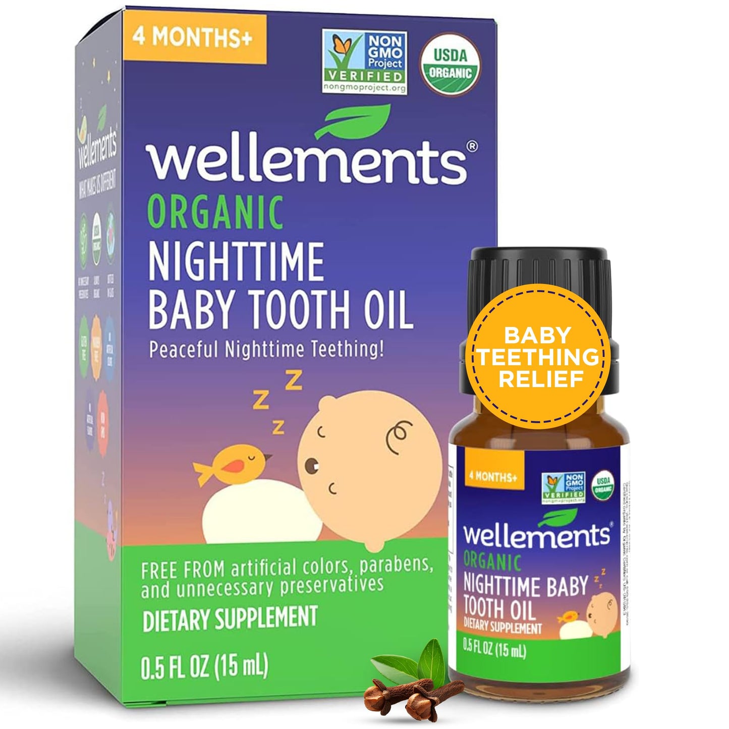 Wellements Organic Nighttime Baby Tooth Oil for 4 Months+ (0.5 Fl Oz) - Baby Teething Relief Oil* for Soothing & Massage for Tin