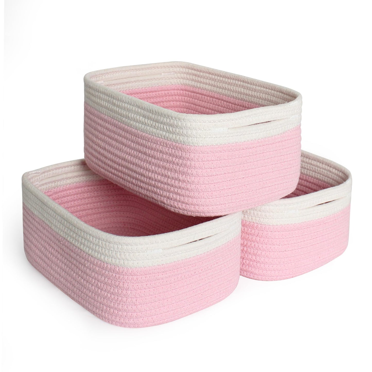 HONCESTA Pink Storage Baskets for Organizing, 3 Pack Woven Cotton Rope Storage Bins for Shelves, Small Cube Toy Box, Baby Nurser