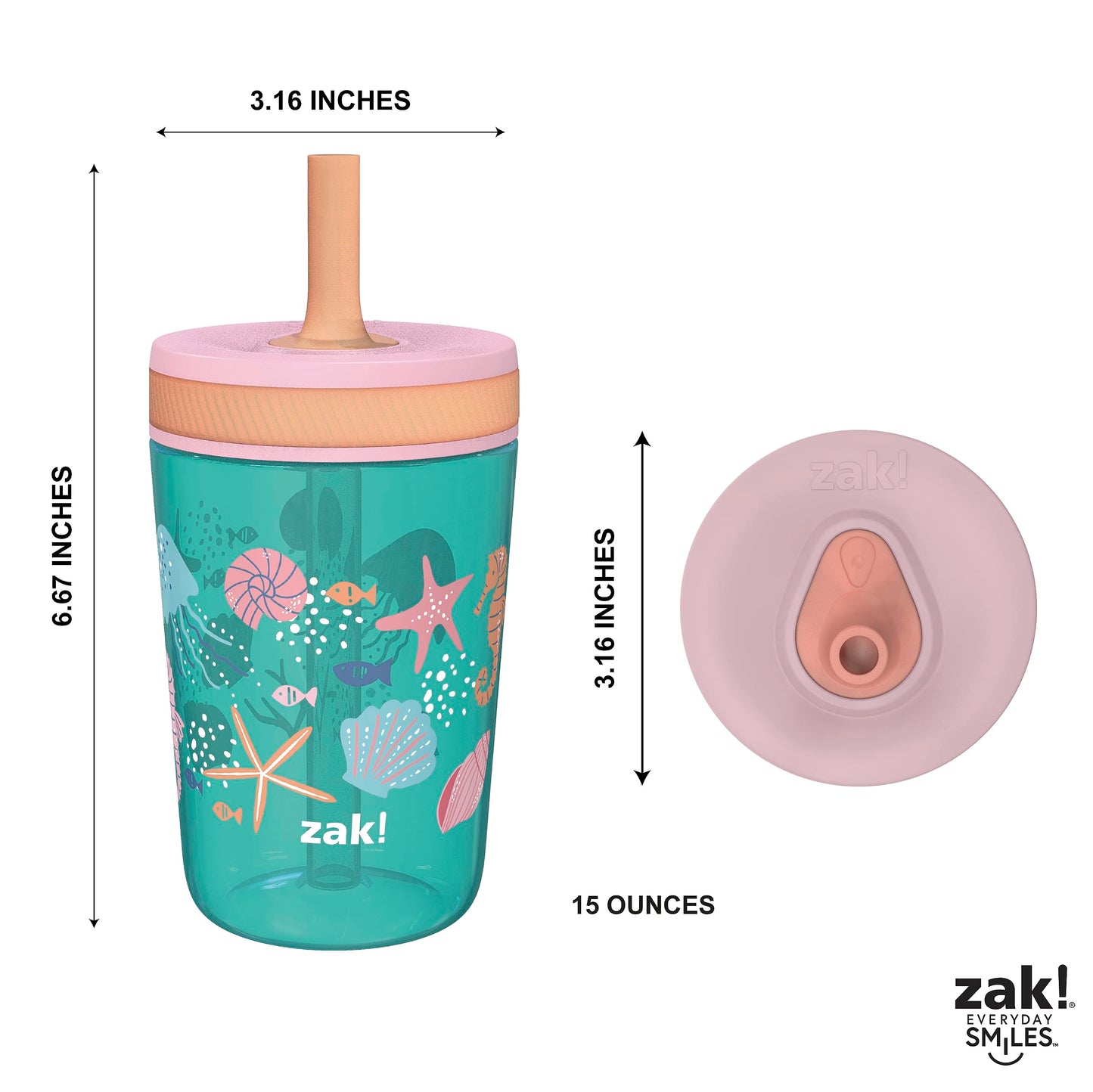 Zak Designs Kelso 15 Oz Tumbler Set, (Shells) Non-Bpa Leak-Proof Screw-On Lid With Straw Made Of Durable Plastic And Silicone, P