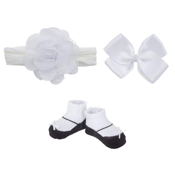 Little Me Baby Girl Booties W/Head Wrap And Grosgrain Bow Clip Set, White, 0-12 Months