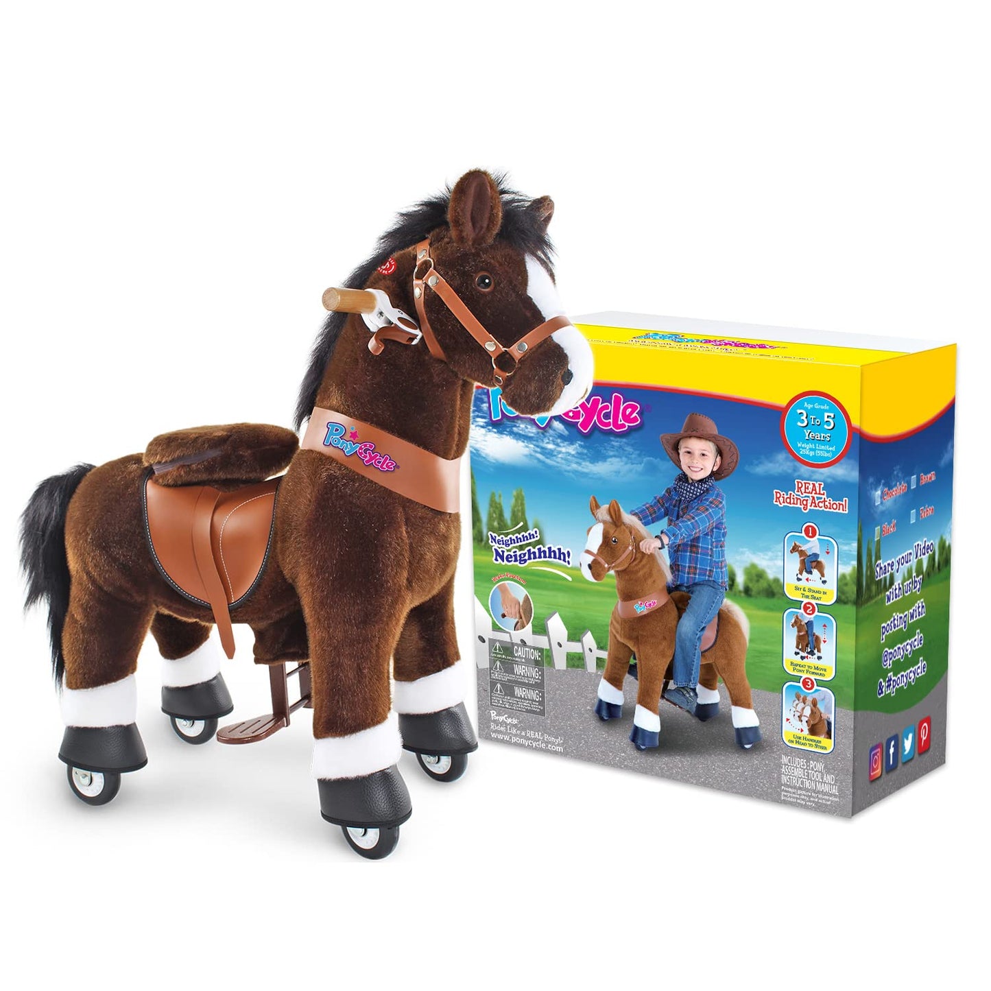 PonyCycle Horse Ride on Toy for Toddlers Boy Toys Classic Model U (with Brake/ 30 Height/Size 3 for Age 3-5) Giddy up Riding Hor