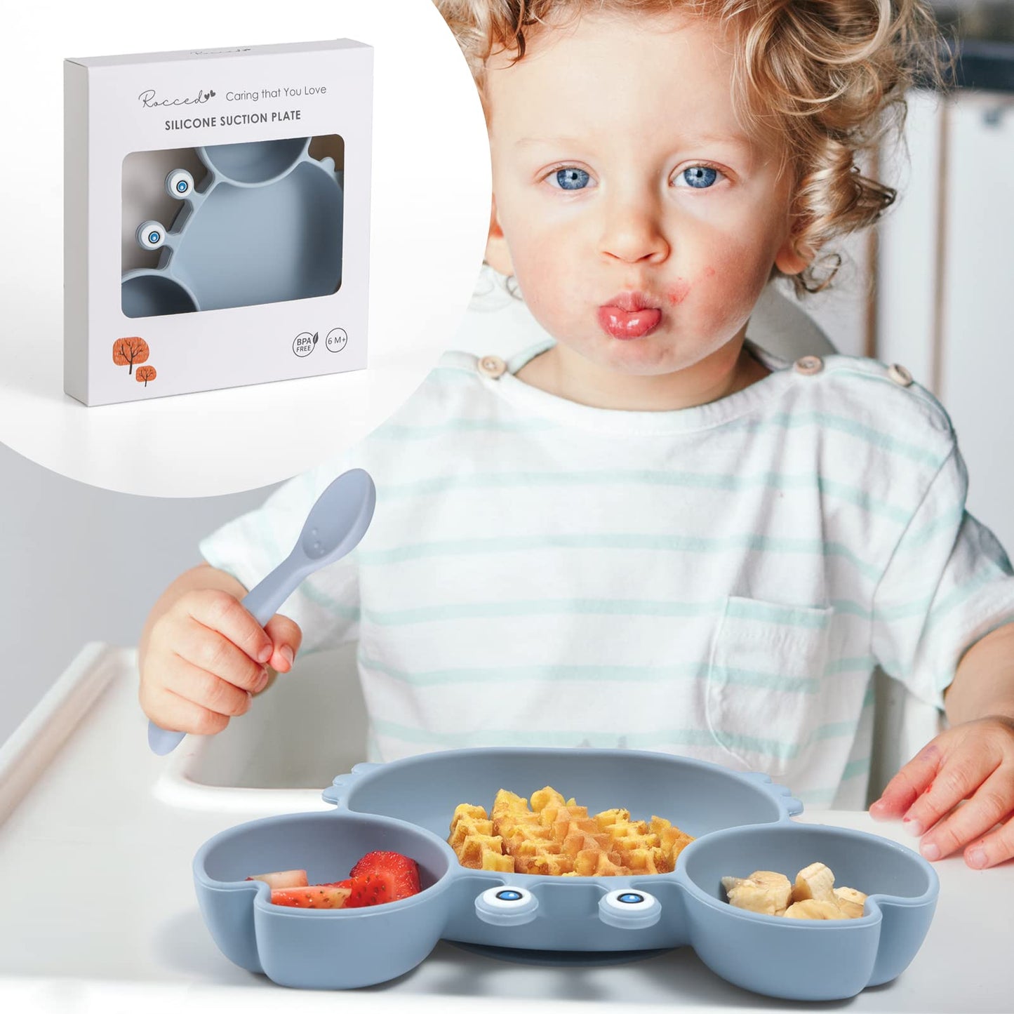 ROCCED Suction Plates for Baby, Silicone Plates with Suction for Baby Divided, Baby Spoon Fork Set for Toddler Baby Dishes Kids