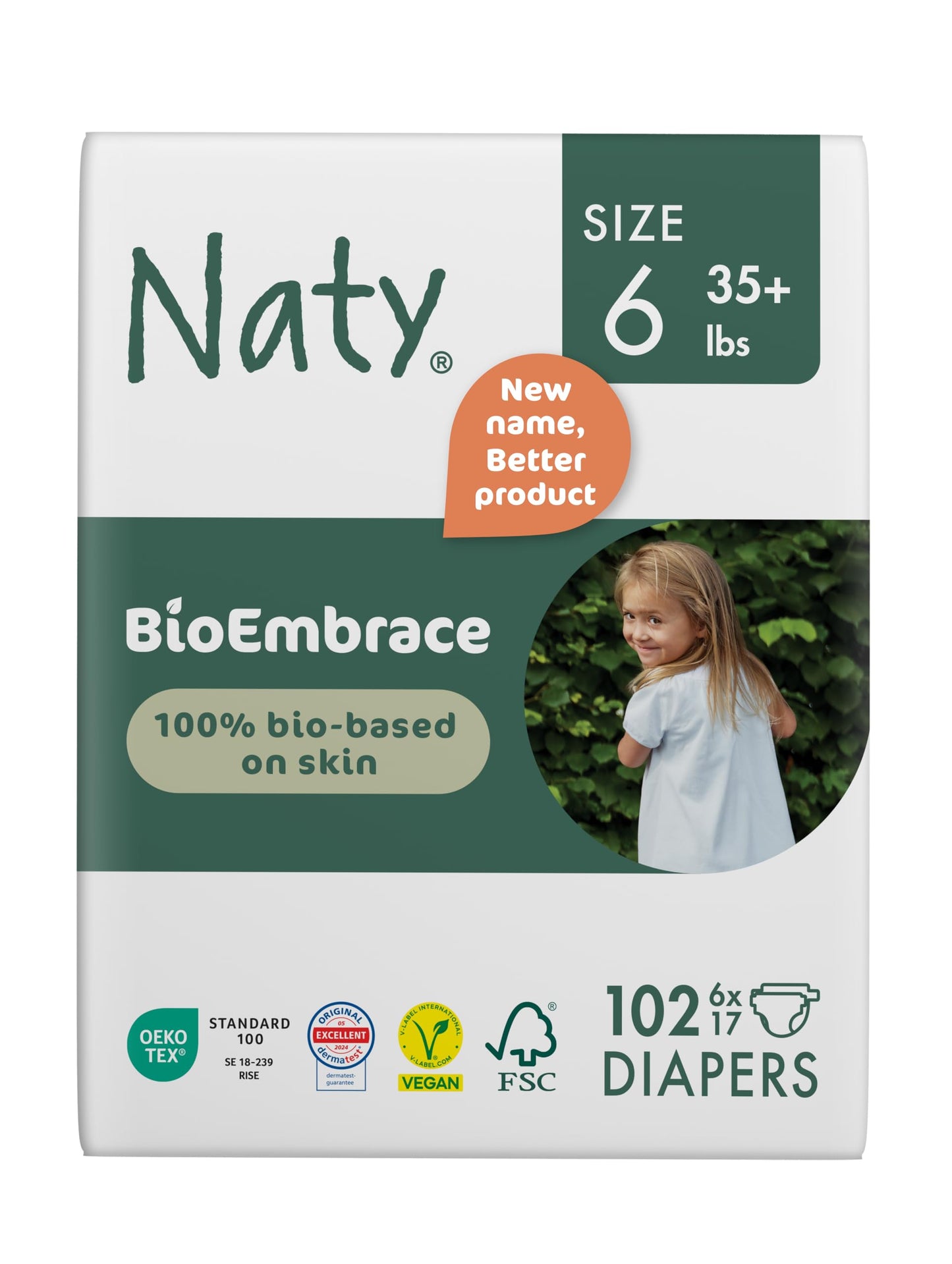 Naty BioEmbrace Baby Diapers Size 6 (35+ lbs) | 100% Biobased on Skin | Plant-Based Softness | Dermatologically Tested, Super Ab