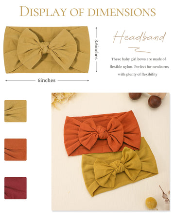 Jollybows 3Pcs Baby Nylon Headbands Hairbands Hair Bow Elastics For Baby Girls Newborn Infant Toddlers Kids (3-Yellow+Orange+Bur