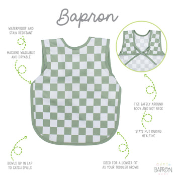Bapronbaby Sage Checkerboard Bapron - No Neck Tie Safer Bib For Baby & Toddler - Soft Waterproof Stain Resistant - Machine Washa