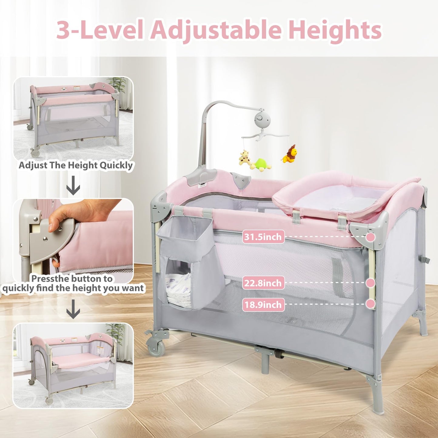 5-In-1 Baby Girl Bassinet Bedside Crib, Pink Bassinet Pack And Play Bedside Crib For Baby Girl