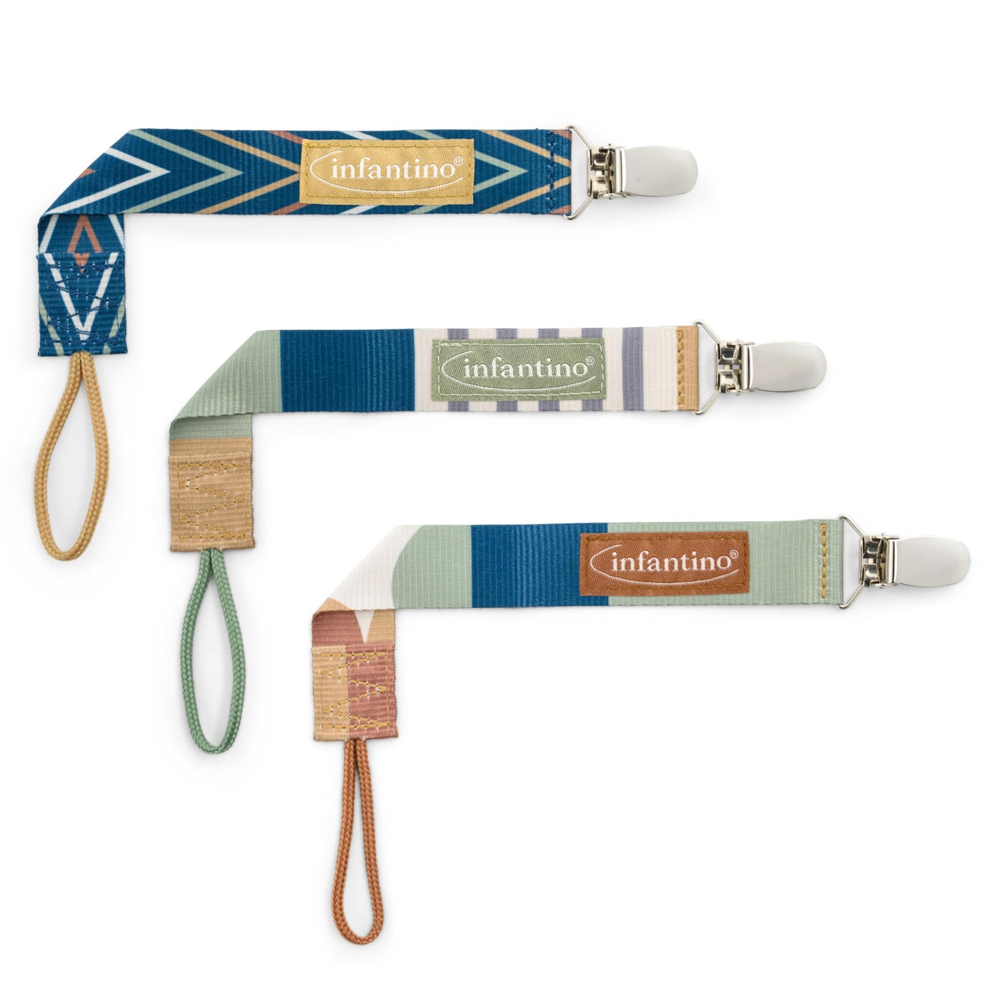 Infantino 3-Pack Pacifier Clip Holders, Universal Fit, Gentle on Clothes, Keeps Pacifiers Clean & Close, Ages 0-36 Months, Geome