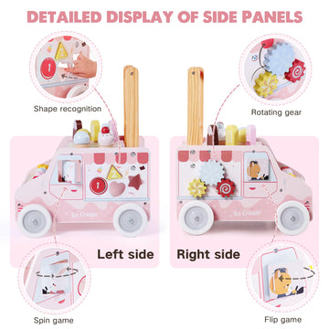 Labebe Wooden Baby Walker, Push Activity Walker For Kids 12M+, Multifunctional Ice Cream Cart Activity, Adjustable Speed Learnin