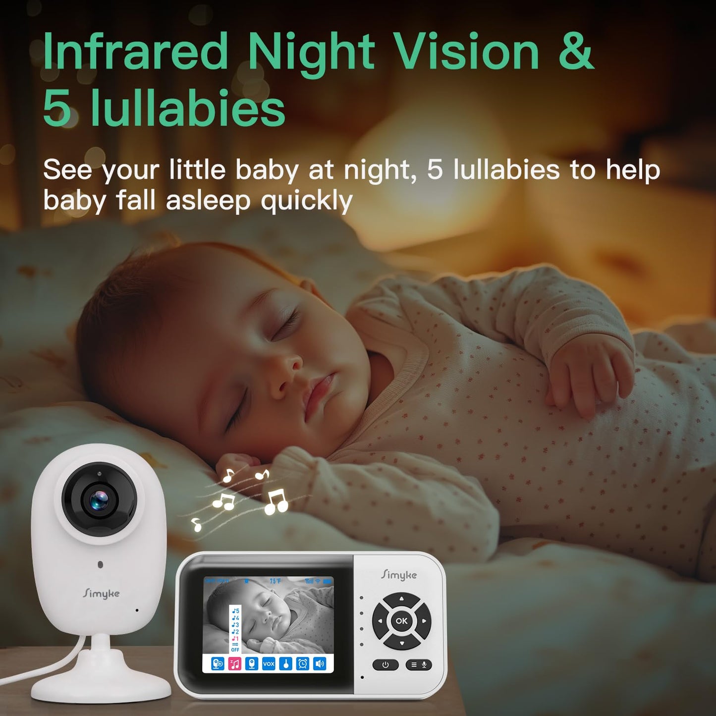Simyke Smart Video Baby Monitor With Camera And Audio,Dual Mode,Wifi On/Off Switch,2.8Inch Display,App,1080P Camera,1500Ft Long