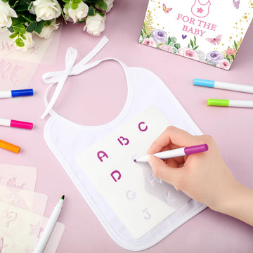 Panitay 100 Pcs Diy Baby Bibs Decorating Kit 50 White Bibs 25 Stencils 24 Fabric Markers 1 Baby Shower Game Sign(Butterfly)