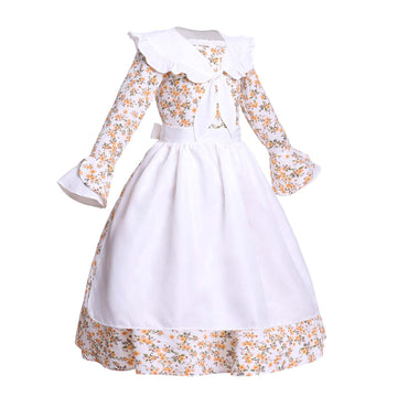 Vibsion Girls Prairie Pioneer Costume Pilgrim Dress Kids Floral Colonial Village Girl Costume Bonnet Apron Set Beige Xxl