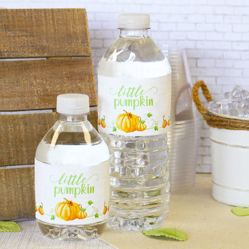 Orange Little Pumpkin Baby Shower Water Bottle Labels - Autumn Waterproof Bottle Wrappers - 24 Count - Fall Unisex Pumpkin Patch