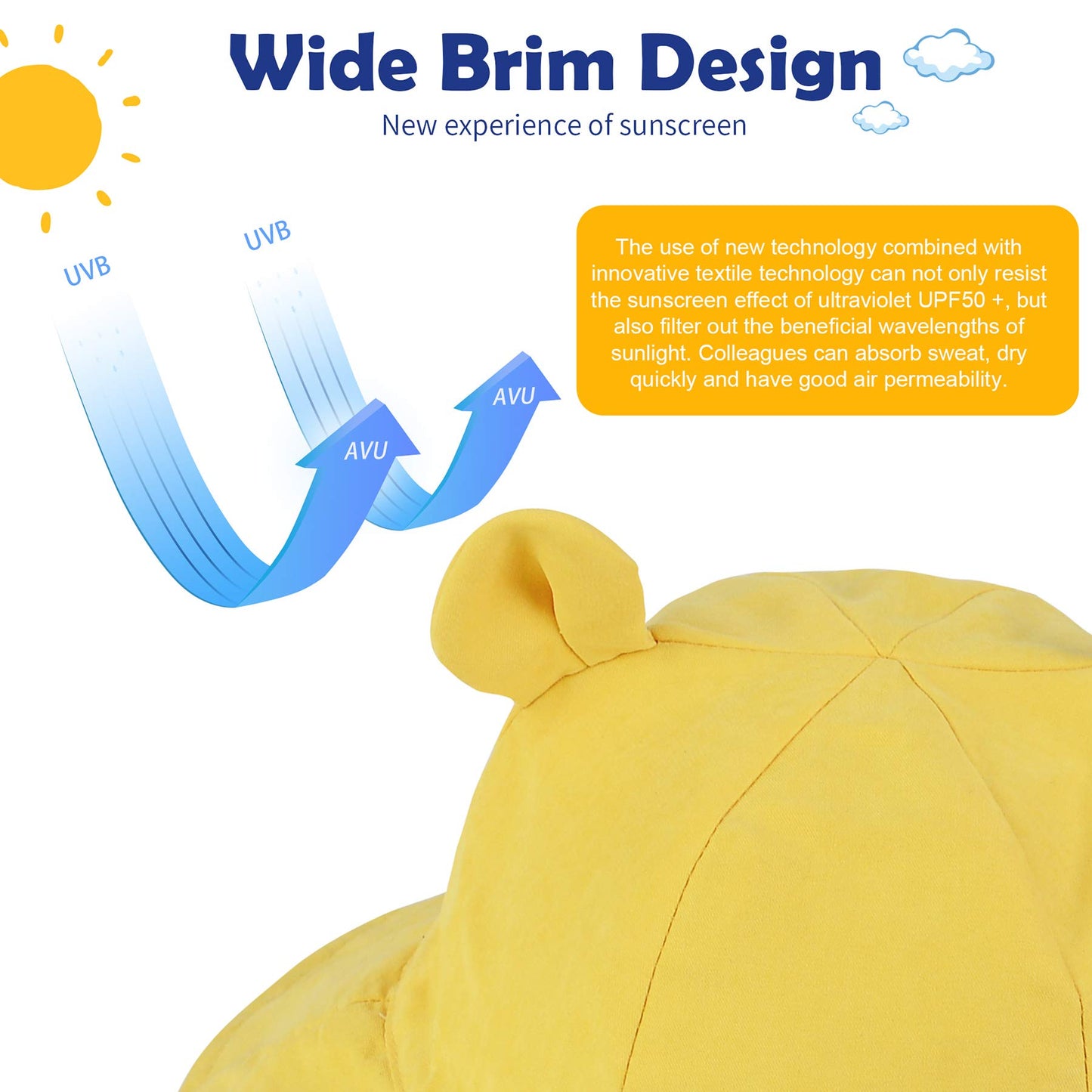 Zando Baby Sun Hat Bucket Hat Wide Brim Beach Caps Toddler Hats For Boys With Bear Ears Infant Summer Hat For Girls Yellow 6-12M
