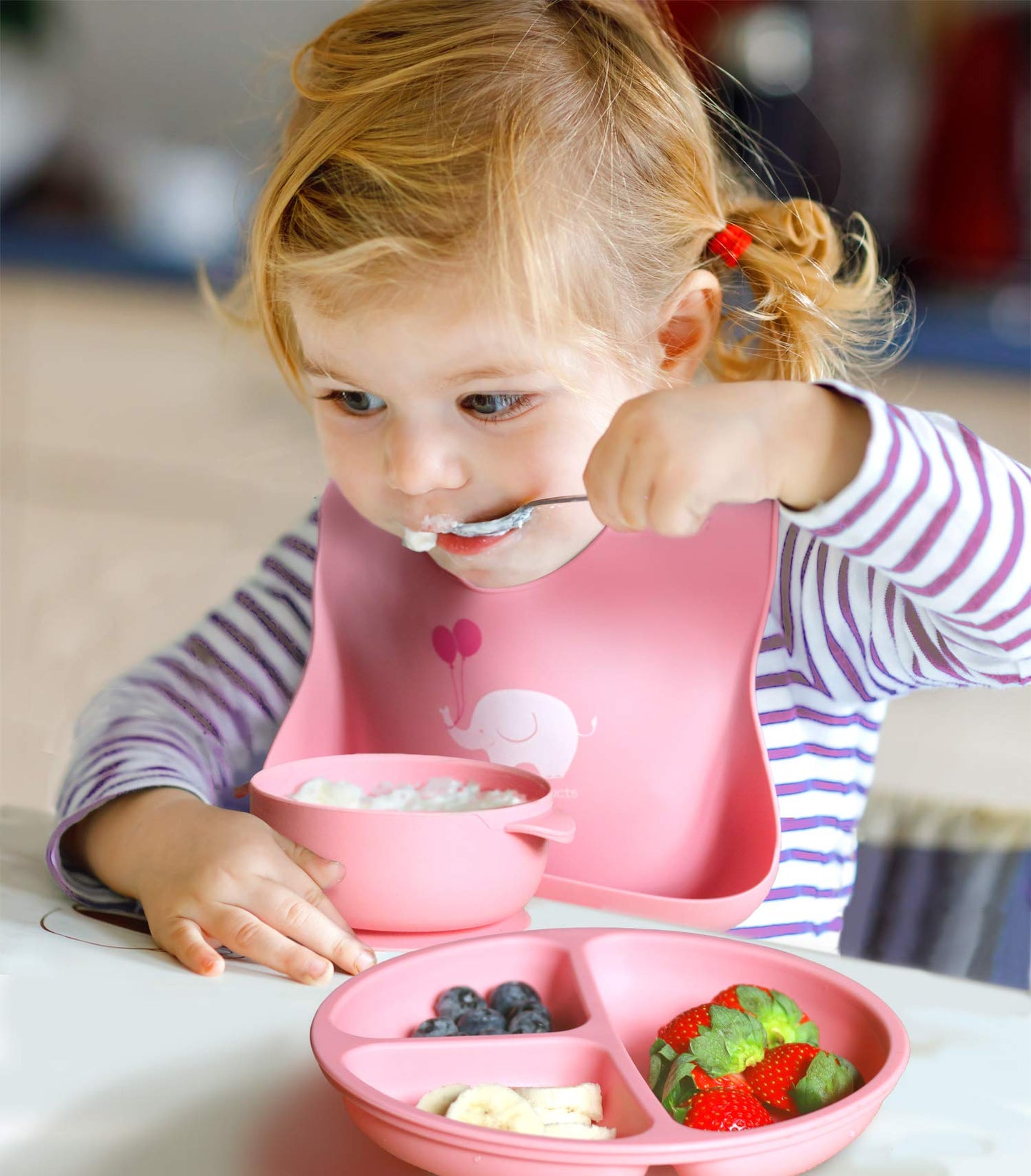 Ymcf Products 2-Pack Waterproof Silicone Baby Bib Lightweight Comfortable Easy-Wipe Clean (Light Pink/Purple, Small)