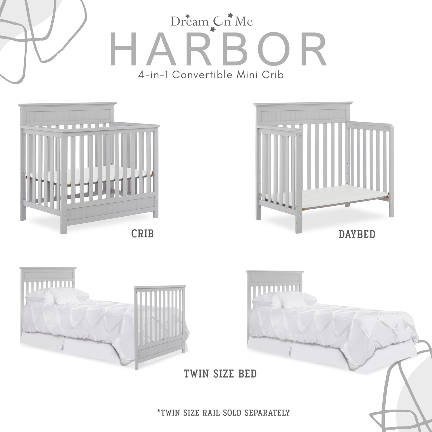 Dream On Me Harbor 4-In-1 Convertible Mini Crib In Pebble, Greenguard Gold Certified