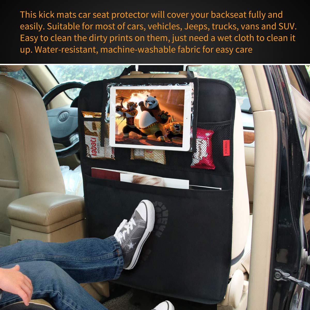 Dear Auto Car Backseat Organizer - Car Seat Protector - 2 Pack - Premium Quality Car Kick Mats With 10' Tablet Holder - Extra L