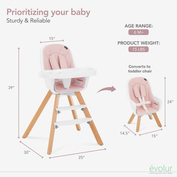 Evolur Zoodle 3 In 1 Convertible Baby High Chair In Pink, Easy To Clean, Adjustable And Removable Tray, Compact And Portable Hig