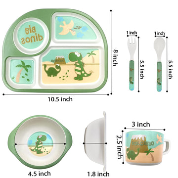 Toddler Plates And Bowls Set, Dinosaur Plate, Dinnerware Kids Feeding Set Bamboo Plate Dishes, Cartoon Kids Fork Spoon Bowl Cup