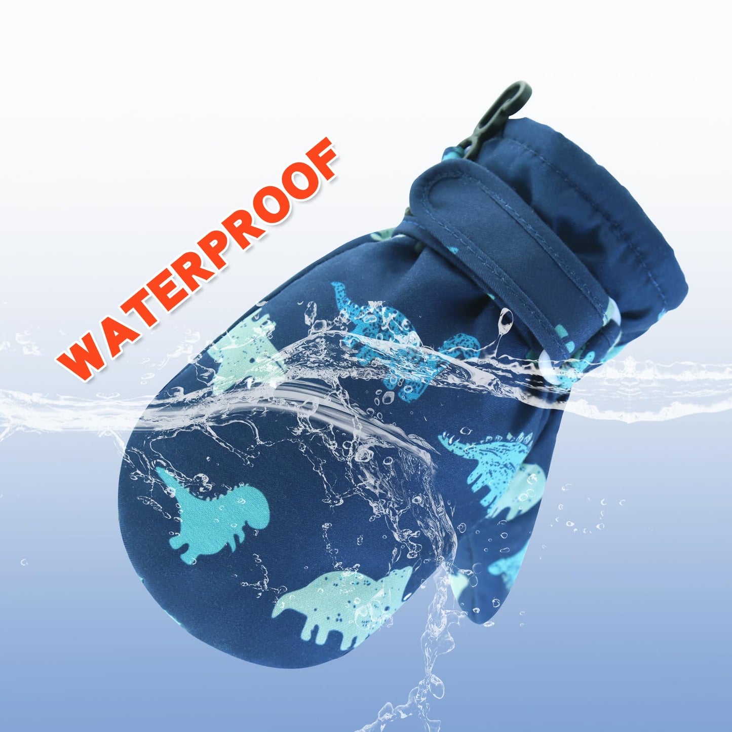 Toddler Waterproof Mittens Fleece Lined Baby Boys Girls Winter Warm Glove Kids Snow Infant Ski Mitten For 3M-5T (Blue Dinosaur,