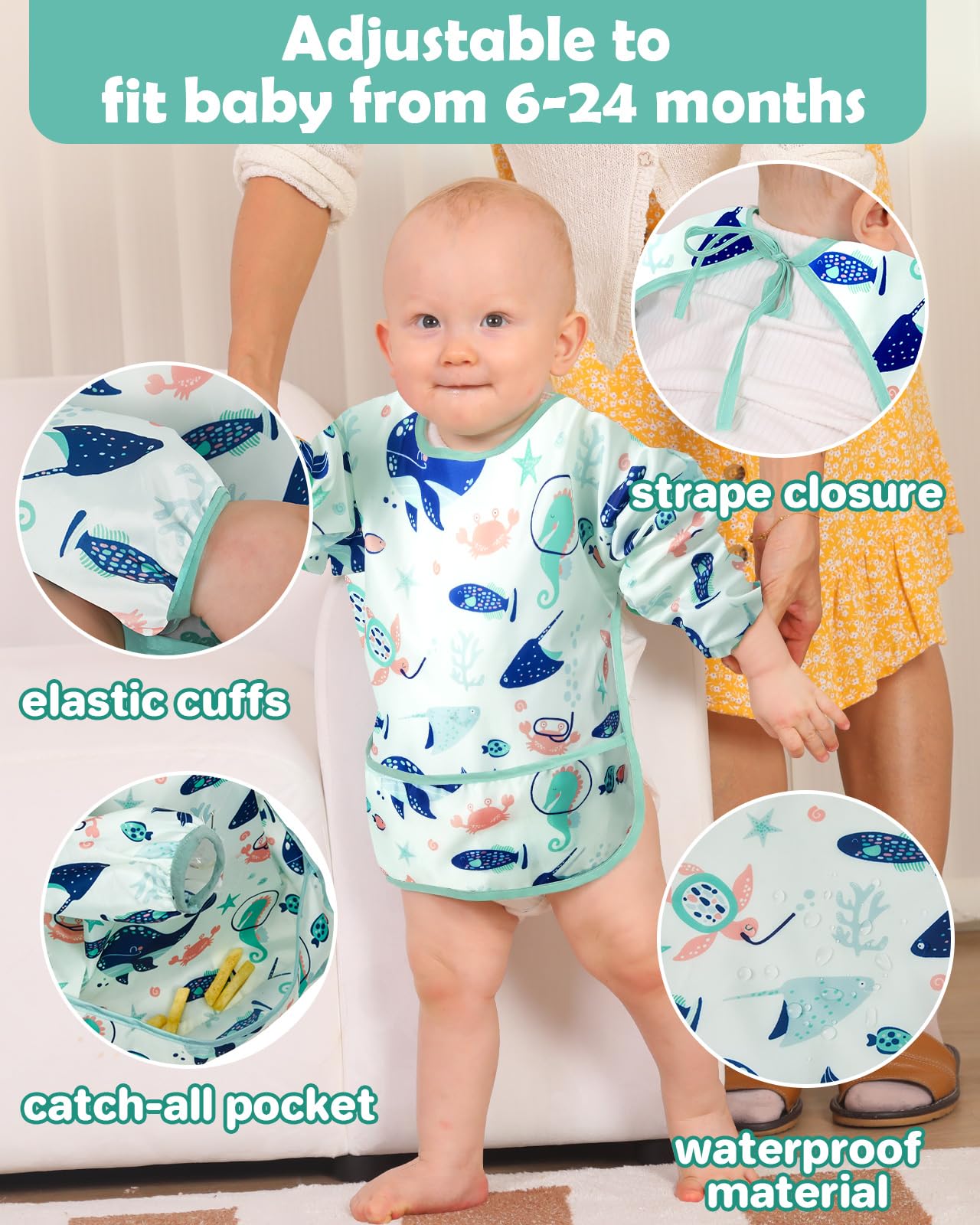 Lictin Long Sleeve Bibs 5 Pack - Baby Bibs For Boy, Waterproof Toddler Bibs, 0-24 Months Neutral Baby Smock For Eating, Reusable