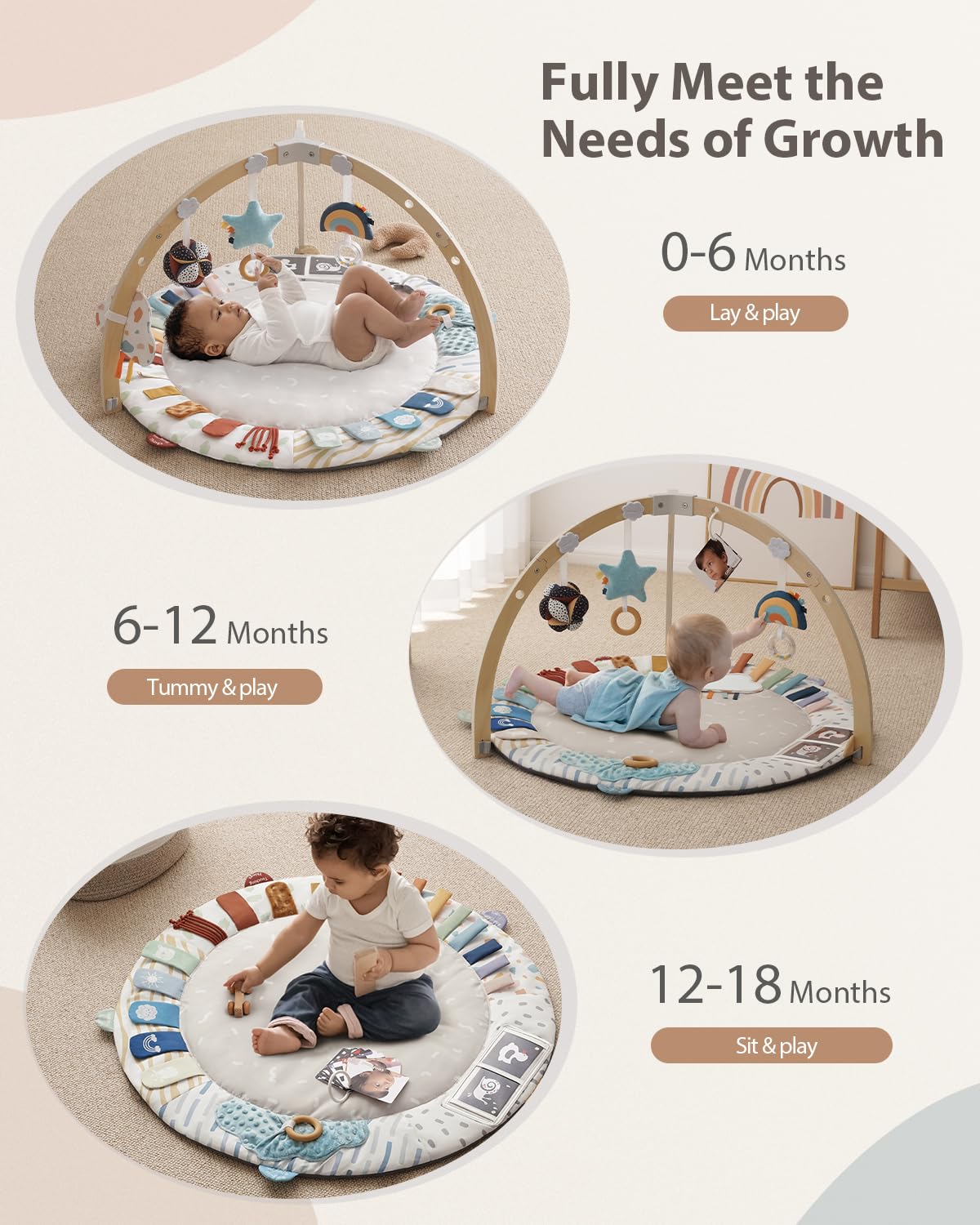 Blissful Diary Baby Play Gym & Activity Mat, 5 Developmental Zones Wooden Tummy Time Mat With 6 Detachable Sensory Toys For Moto