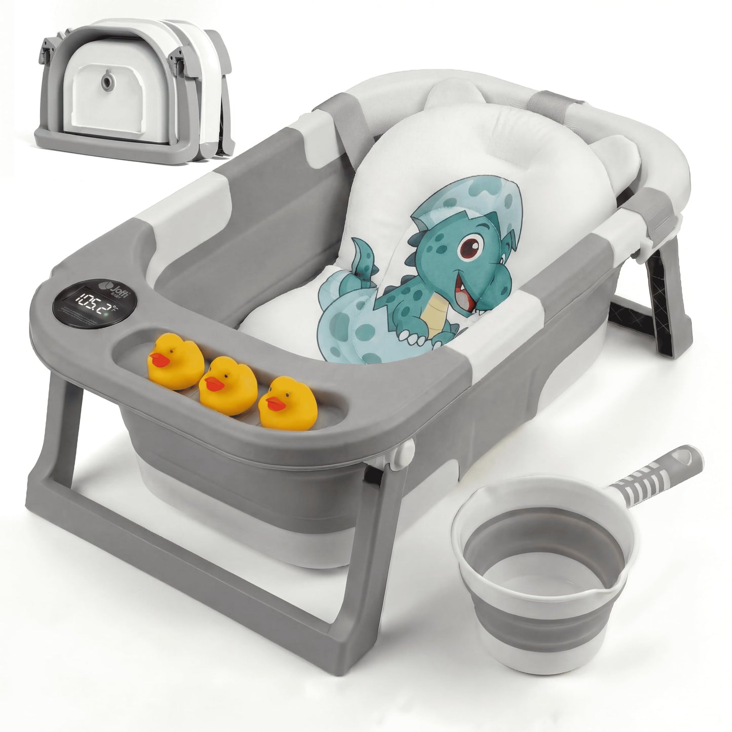 Collapsible Baby Bathtub for Newborn Infant Girl & Boy 0-24 Months, Foldable Portable Bathtub with Thermometer, Heat Sensor, Dra