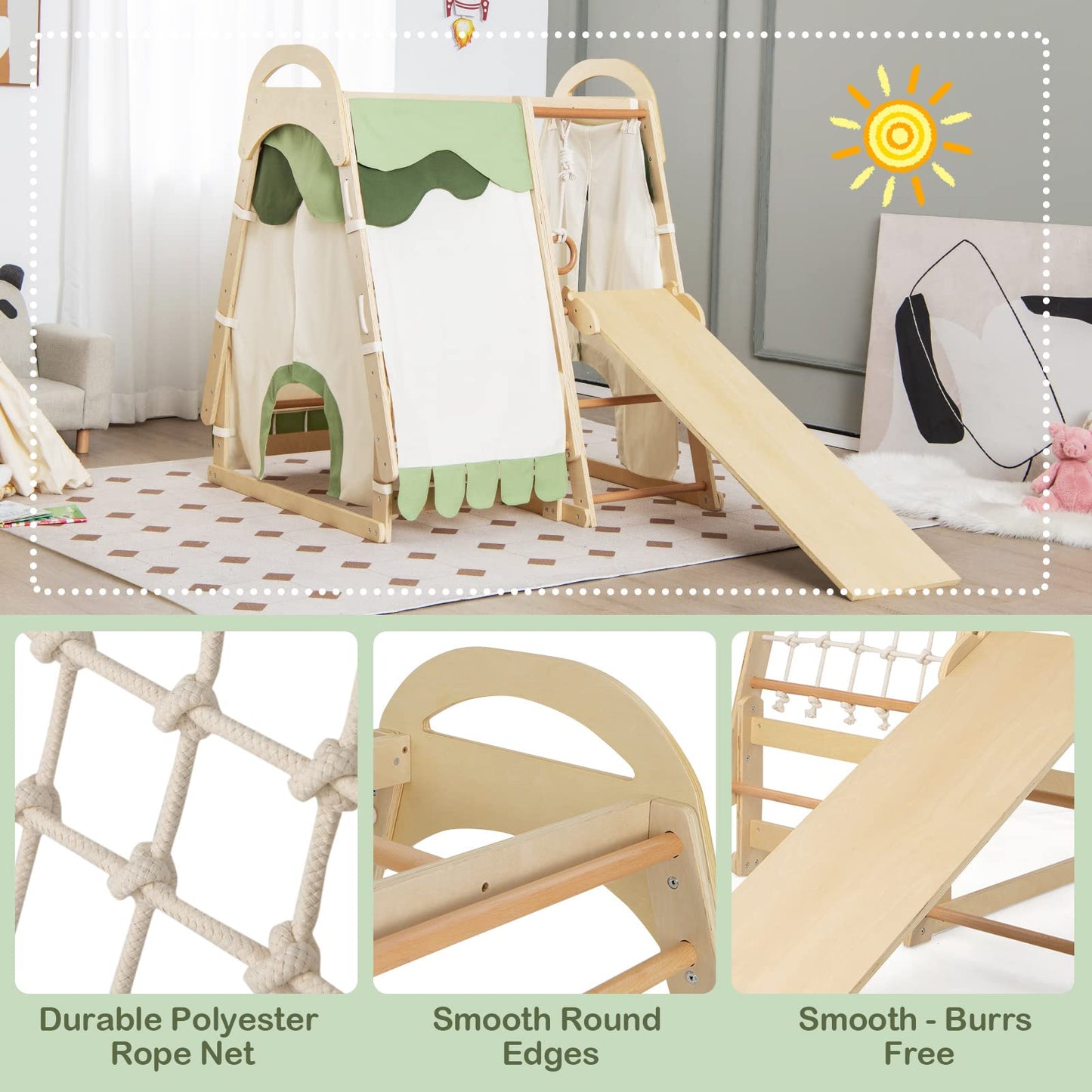 Infans 7 In 1 Kids Indoor Playground, Wooden Montessori Climber Playset With Tent Slide Climbing Rock Climbing Net, Playground J