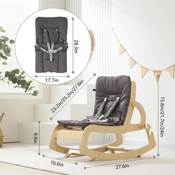 3-in-1 Baby Bouncer Adjustable Wooden Rocker Chair, Ergonomic Design Baby Lounger with Removable Cushion,Seat Belt and Booster,