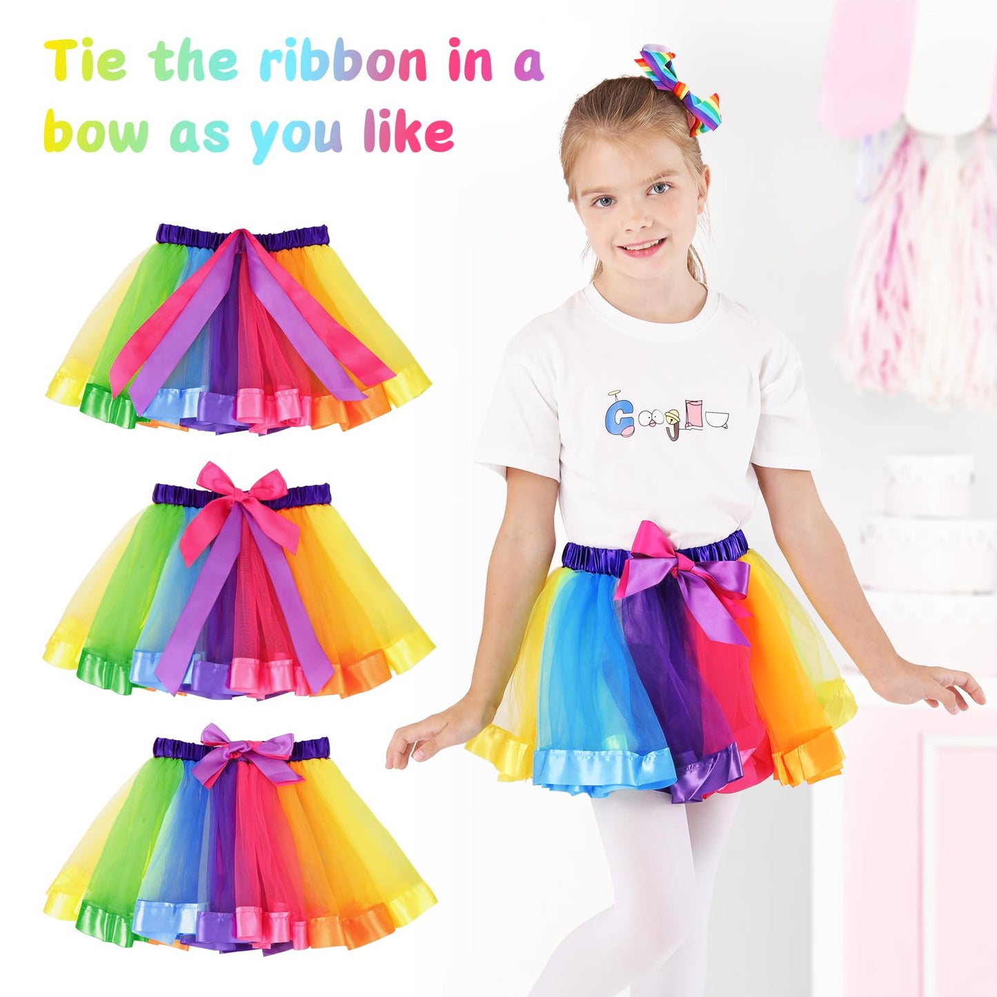 Layered Rainbow Tutu Skirt Costumes Set With Hair Bows Clips And Satin Sash For Girls Birthday Party Dress Up