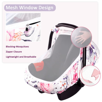 Floral Infant Car Seat Canopy With Peep Windows And Breathable Mesh, Kick-Proof, Soft Stretchy Baby Car Seat Cover For Newborns,