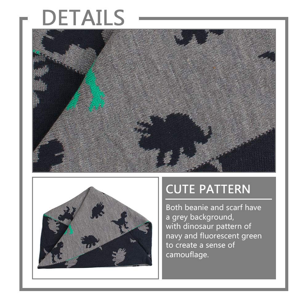 Jangannsa Knitted Baby Hat Scarf Set Winter Warm Boys Girls Beanie Fleece Lining Toddler Kids Hats With Pompom (Gray Dinosaur(Ha