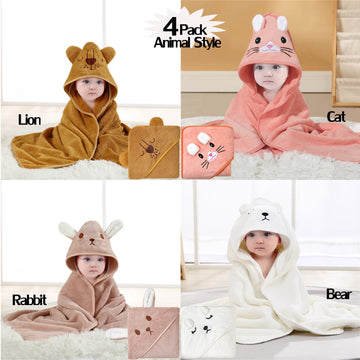 Klhyit Baby Bath Towel With Hooded 4Pack Absorbent Soft Hooded Towel For Newborns Unisex 31.5X31.5 In Bath Towel Set Gift For Ba