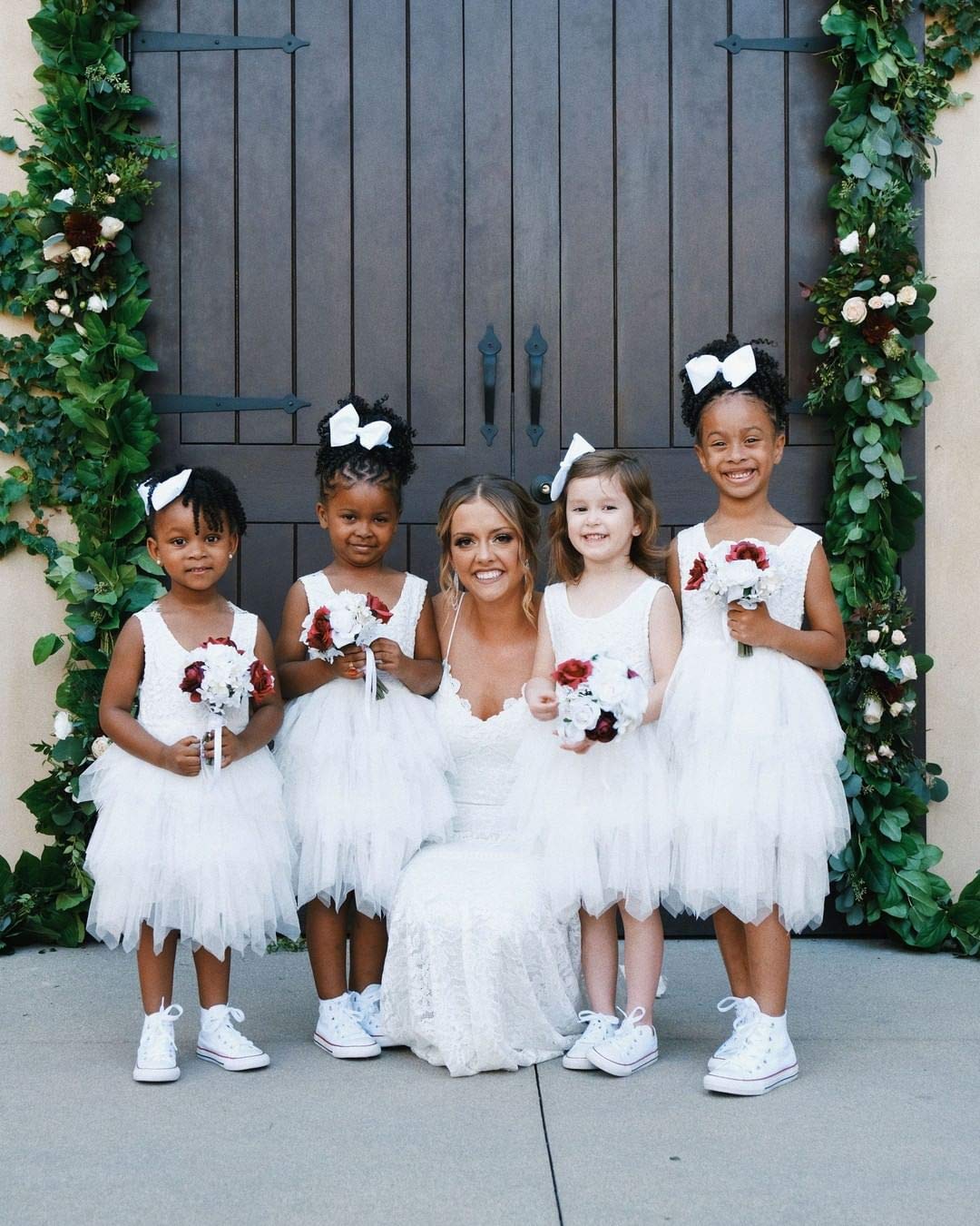 2Bunnies Girl Peony Lace Back A-Line Tiered Tutu Tulle Flower Girl Dress (No Applique White, 5)