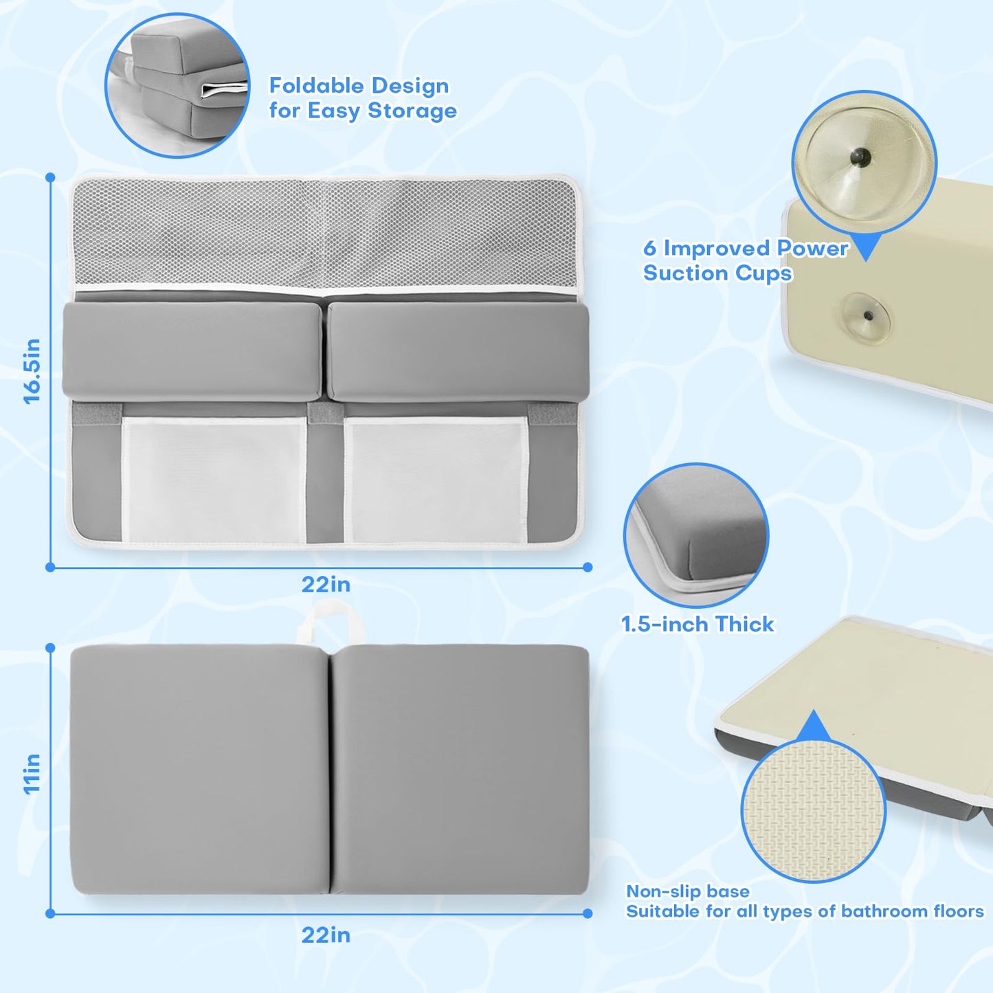 Foamagic Bath Kneeler And Elbow Rest Pad Set - Grey Baby Bathing Kneeler Pad For Tub, Bathtub Mat For Kneeling, Elbow Rest, Prot