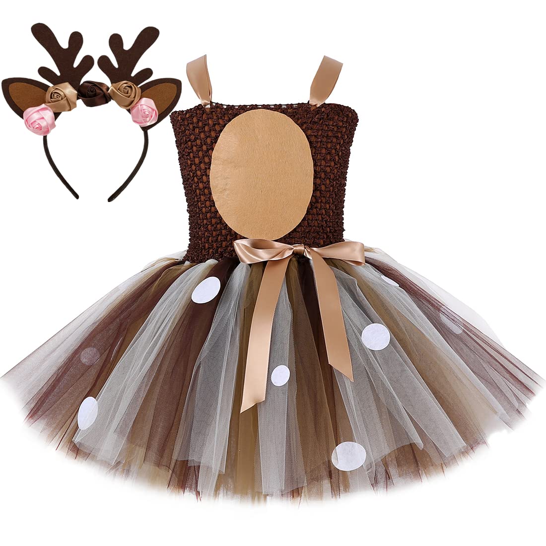 HJTT Deer Costume for Girls Christmas Tutu Dress Kids Halloween Birthday Jungle Party Animal Reindeer Outfit (Deer, 5-6 Years)