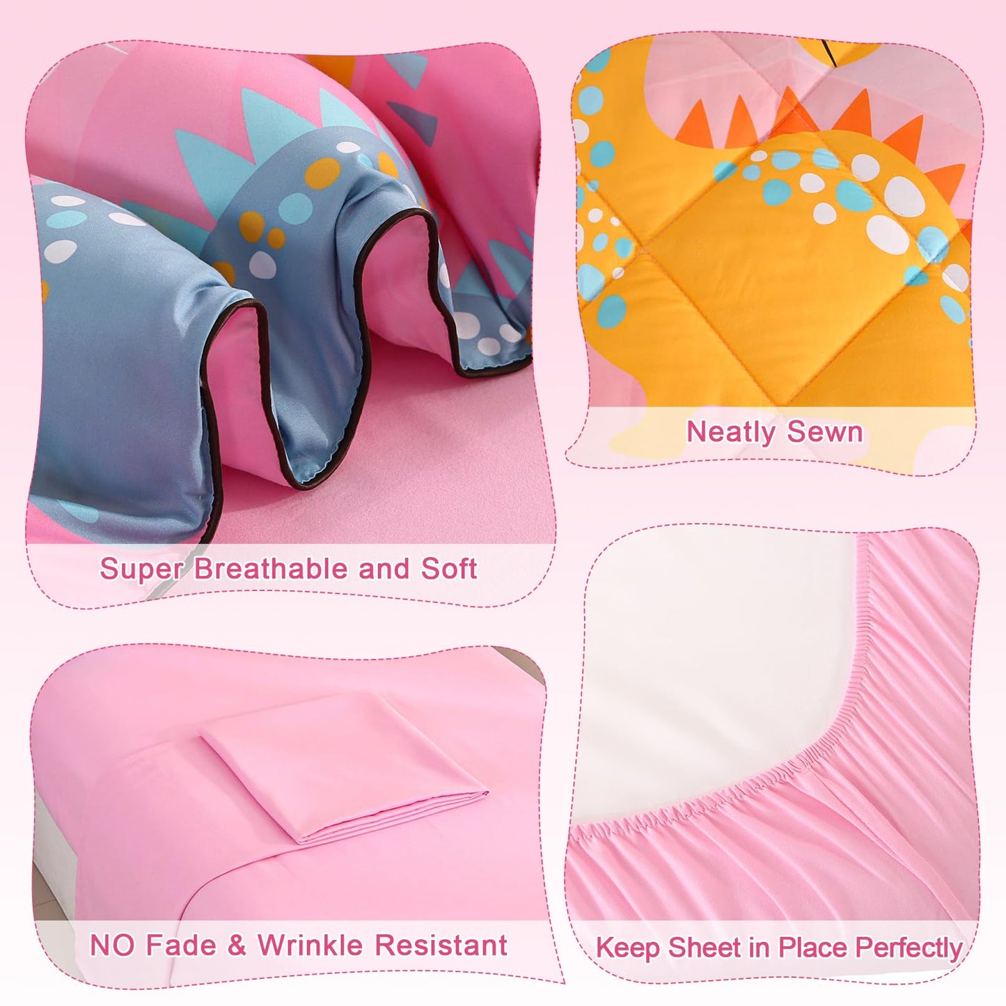 Wowelife Dinosaur Toddler Bedding Set For Girls, Premium 4 Piece Dinosaur Toddler Comforter Bed Set Pink, Super Soft And Comfort
