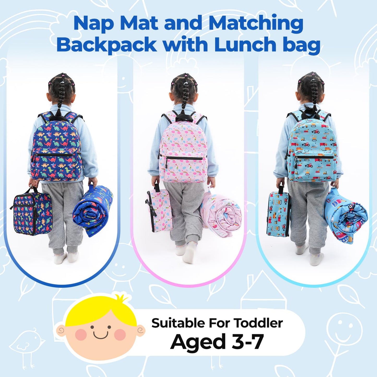 Toddler Nap Mat With Matching Backpack & Lunchbox, Kids Sleeping Bag With Removable Pillow & Blanket, Napping Mats For Preschool