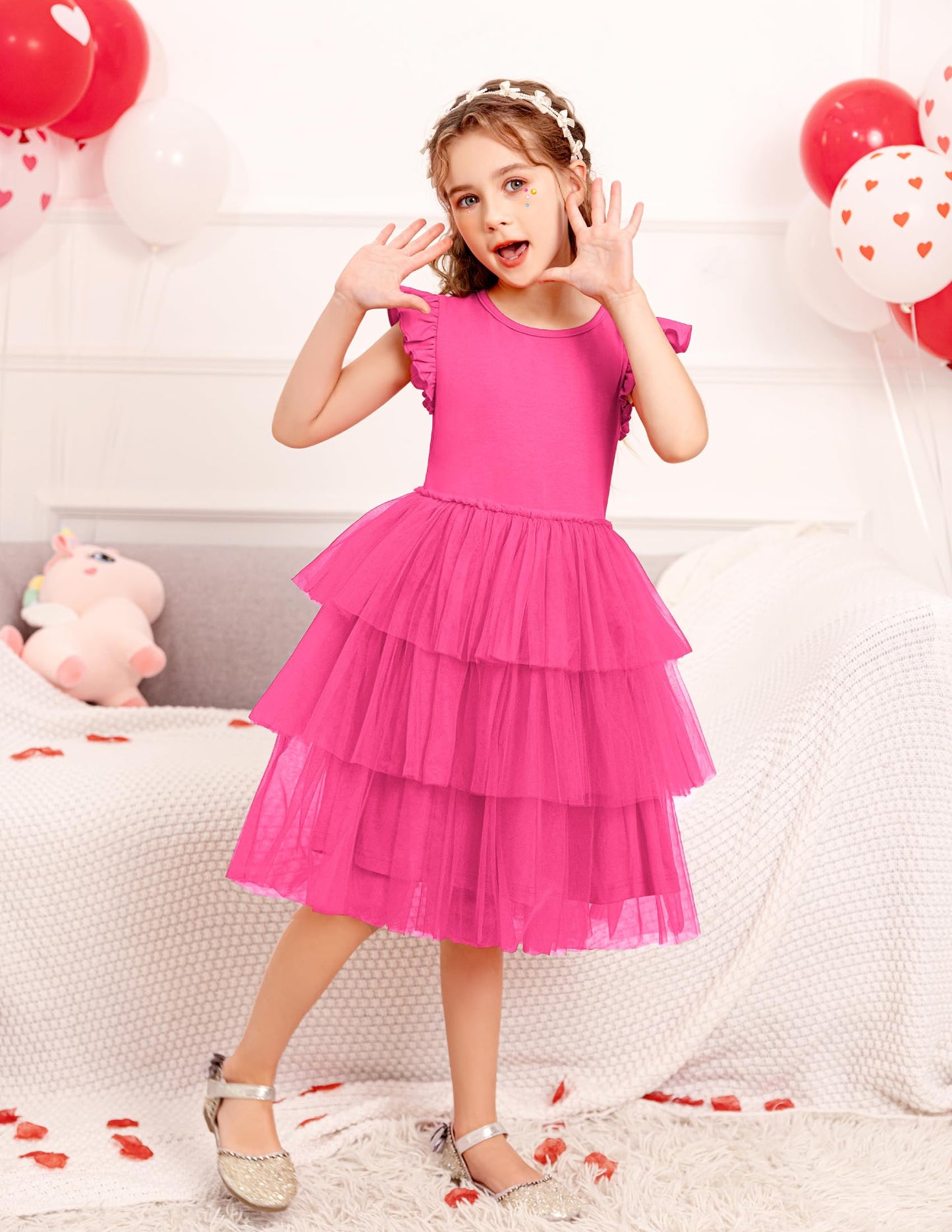 Arshiner Girl Dresses Toddler Ruffle Tutu Dress Cute Hot Pink Valentine Christmas Birthday Party Sundress 5-6 Years