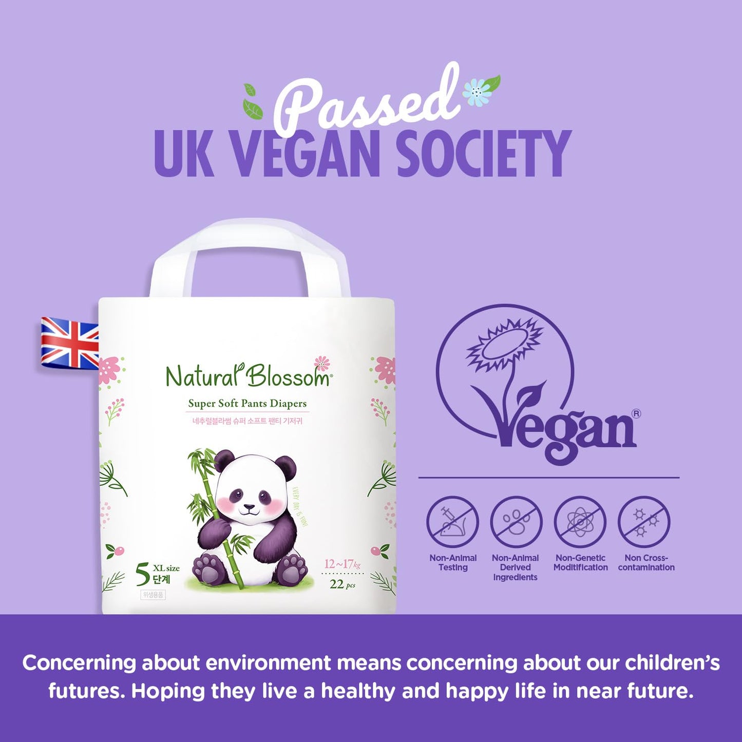 Natural Blossom Pull-On Baby Diapers | Ultra-Slim, Hypoallergenic, Super Soft, Vegan | Size 5 (3T-4T, 26-37 Lbs) | 88 Count