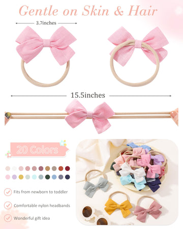 Jollybows 20Pcs Baby Girls Nylon Hair Bows Headbands Linen Bands Elastic Accessories For Baby Girls Infants Preemie And Newborn