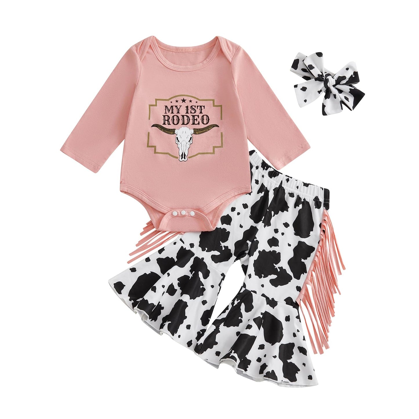 Rarjuiey My First Rodeo Baby Girl Outfit Newborn Toddler Cowgirl Western Clothes Long Sleeve Romper Bell Bottom Pants Set (fring