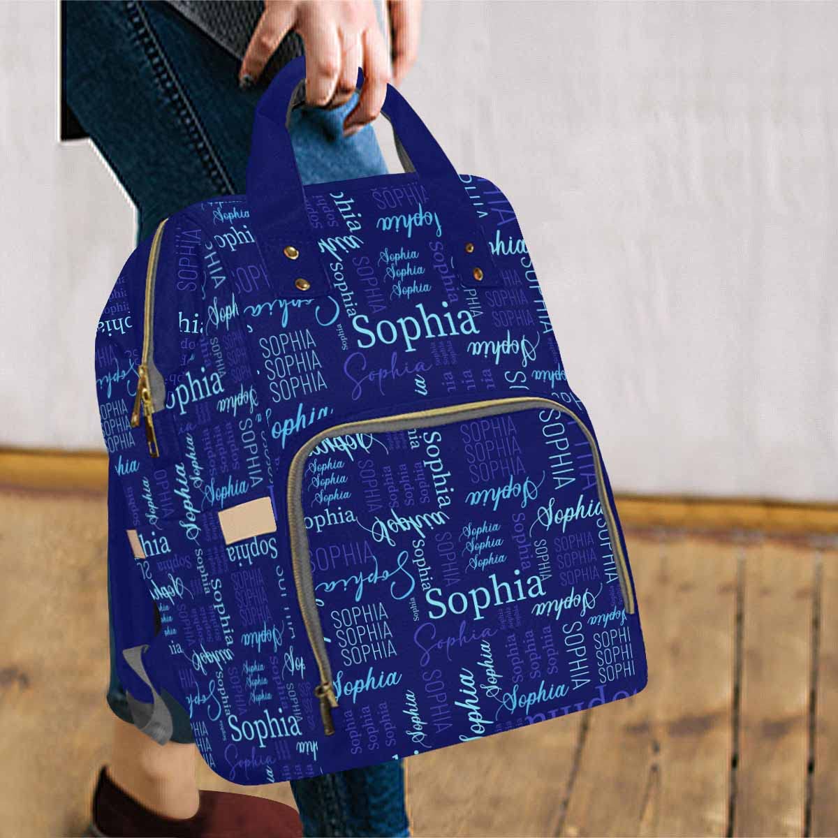 Artsadd Custom Monogram Diaper Bag With Thermal Pockets, Dark Blue Travel Backpack Customized Baby Bags With Name Personalized G