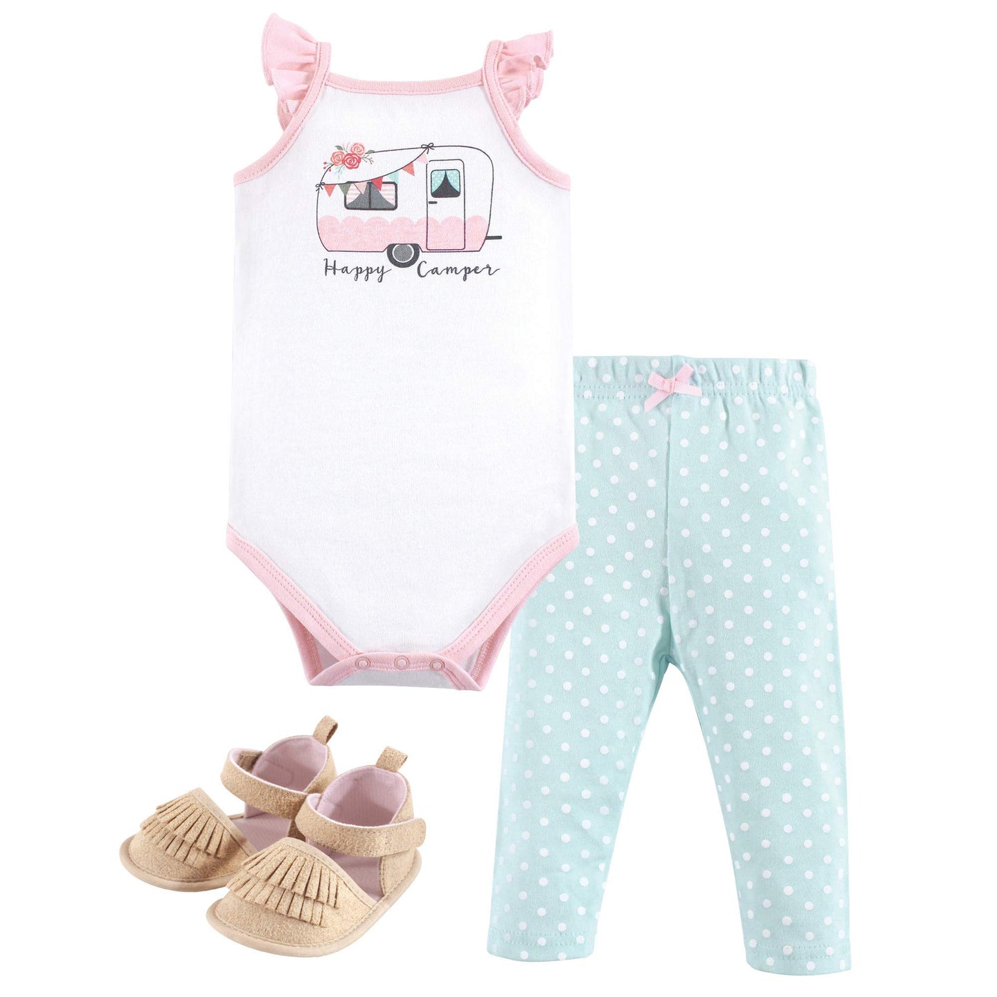 Hudson Baby Unisex Baby Cotton Bodysuit, Pant And Shoe Set, Pink Happy Camper, 6-9 Months