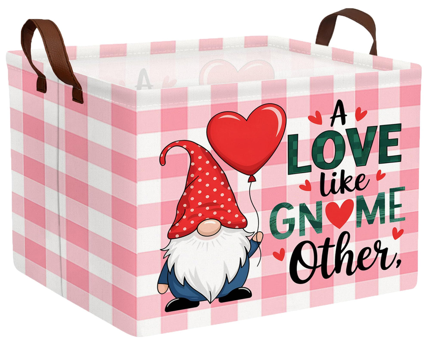 BOOHIT Valentines Day Basket for Kids Heart Shaped Empty Storage Bins for Gifts with Handles Room Decor (Pink Grid Gnome Balloon