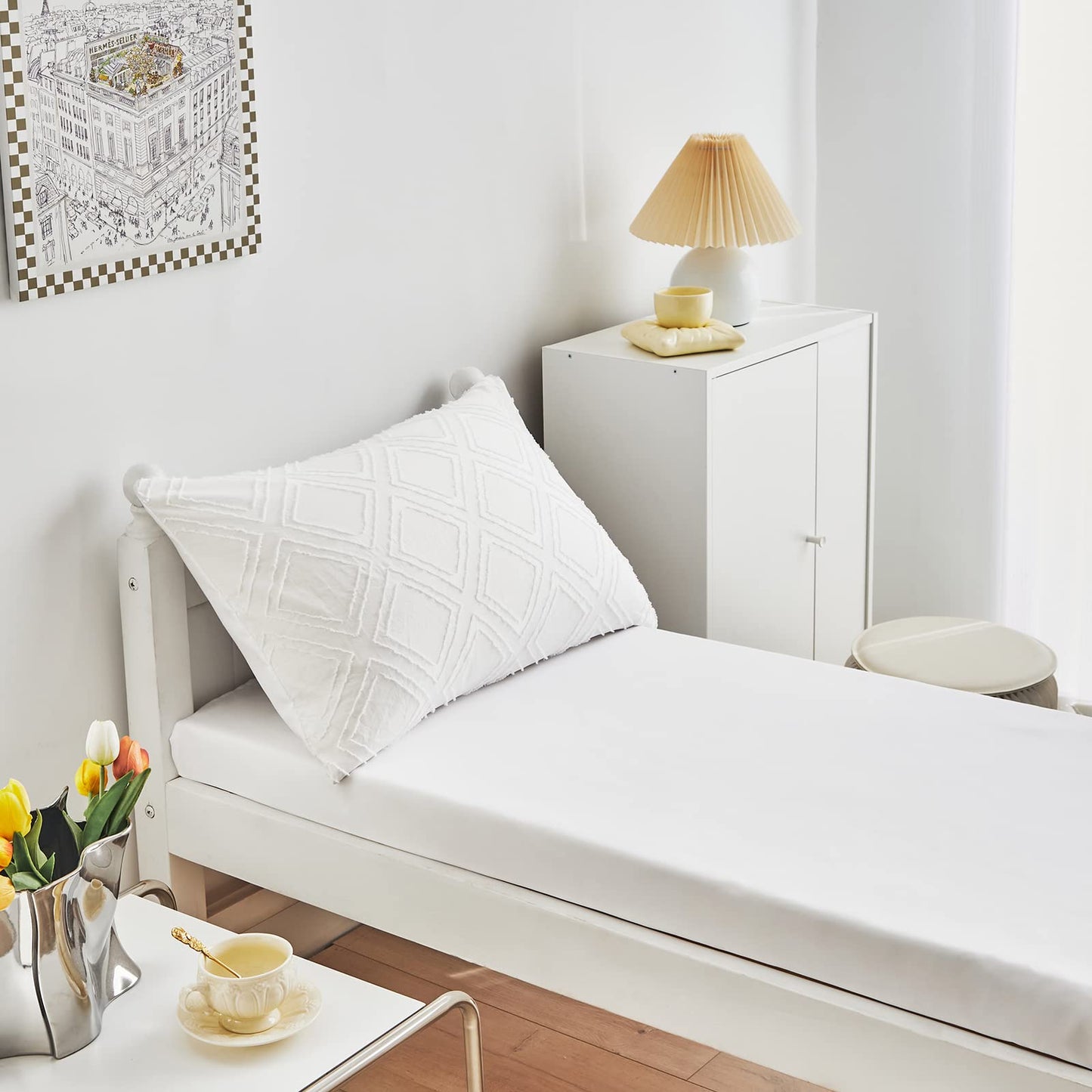 4 Pieces Tufted Toddler Bedding Set Solid White Jacquard Tufts, Soft And Embroidery Shabby Chic Boho Bohemian Design For Baby Bo