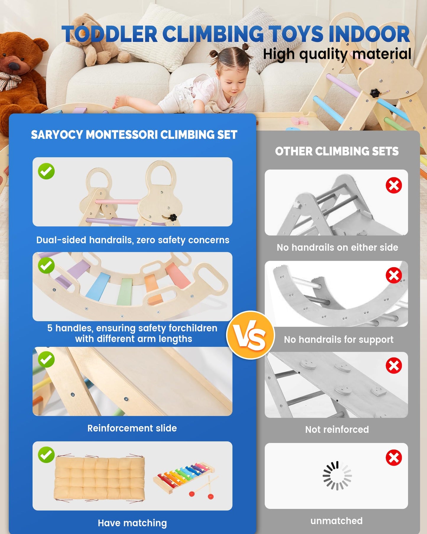 Pikler Triangle Set For Kids, 8 In 1 Colorful Montessori Large Climbing Toys For Toddlers 1-6 Inside With Ramp, Arch And Foldabl